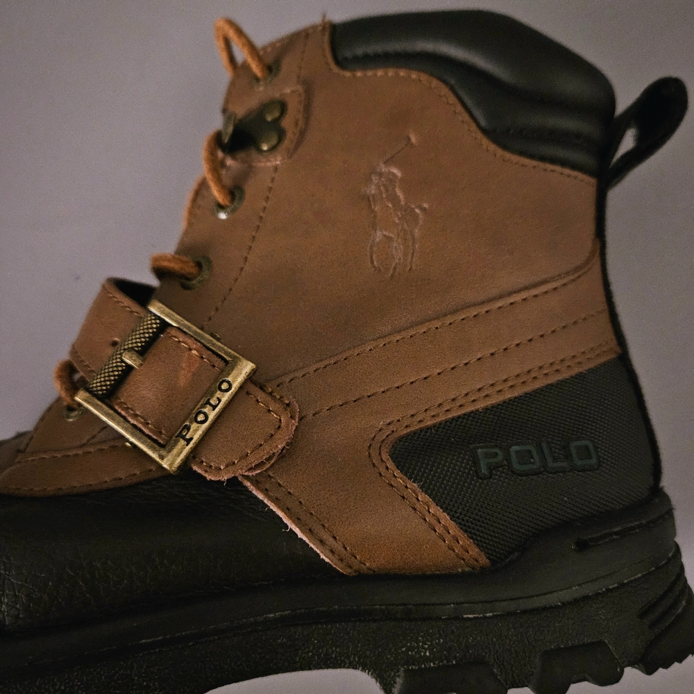 Polo Ralph Lauren Kids Duck Boots Sz 4 Youth Brown Black Lace Up Buckle Boys - Picture 13 of 16
